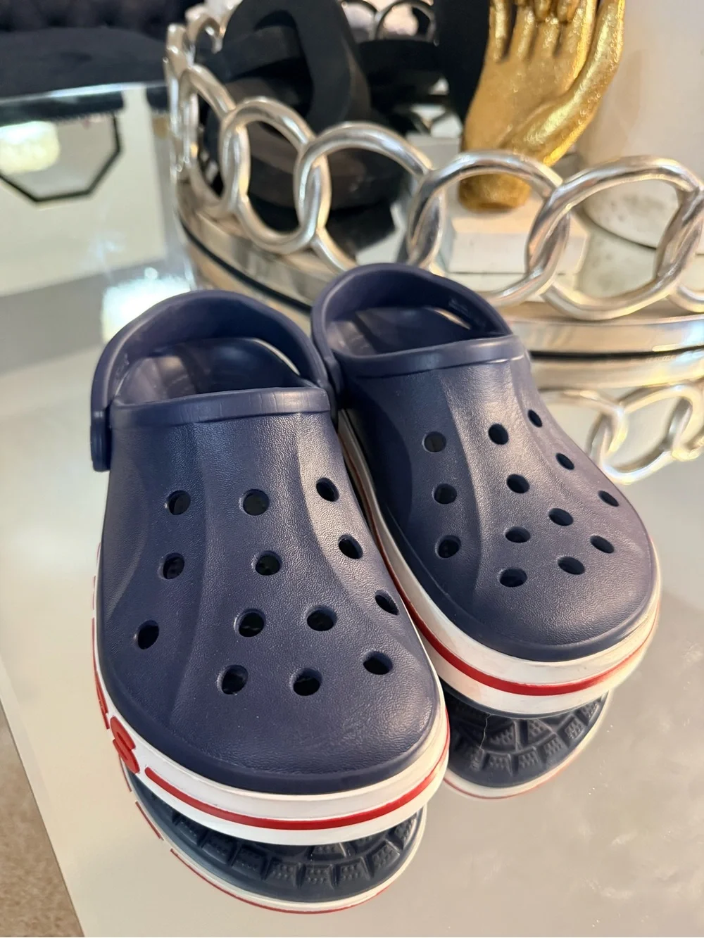 CROCS Kids Navy Clogs with White & Red Trim